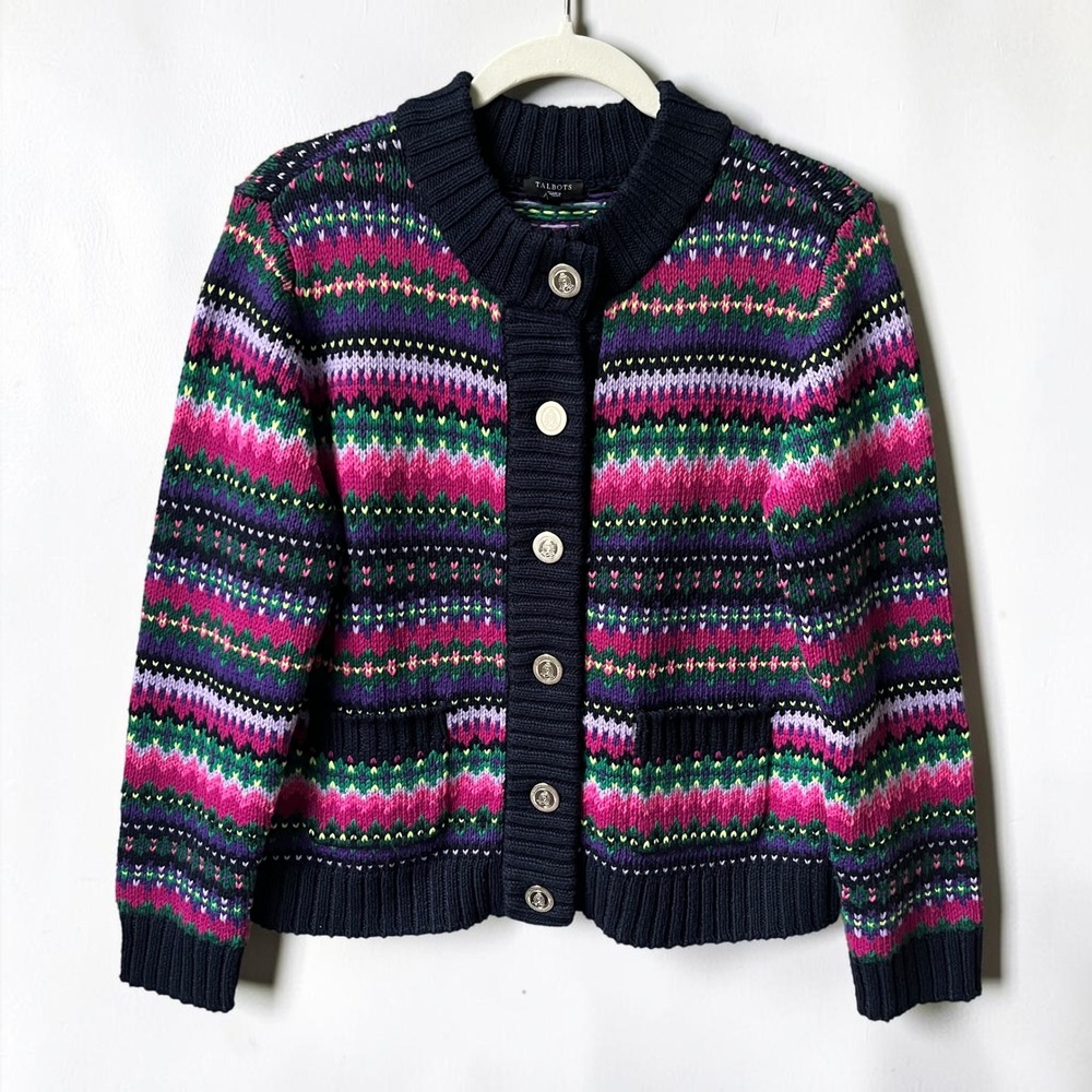 Talbots Cardigan Sweater Women's Medium Petite Fair Isle Navy Blue Nordic Preppy
